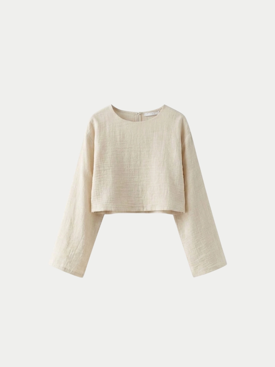 KETEN CROP BLUZ ÜST - EKRU 