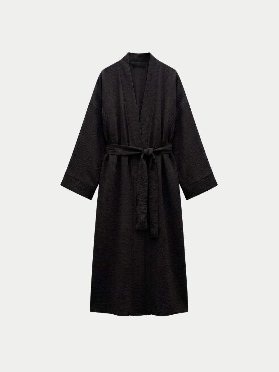 LOOV ÇİLEK KUMAŞ KUŞAKLI ABAYA KİMONO - SİYAH