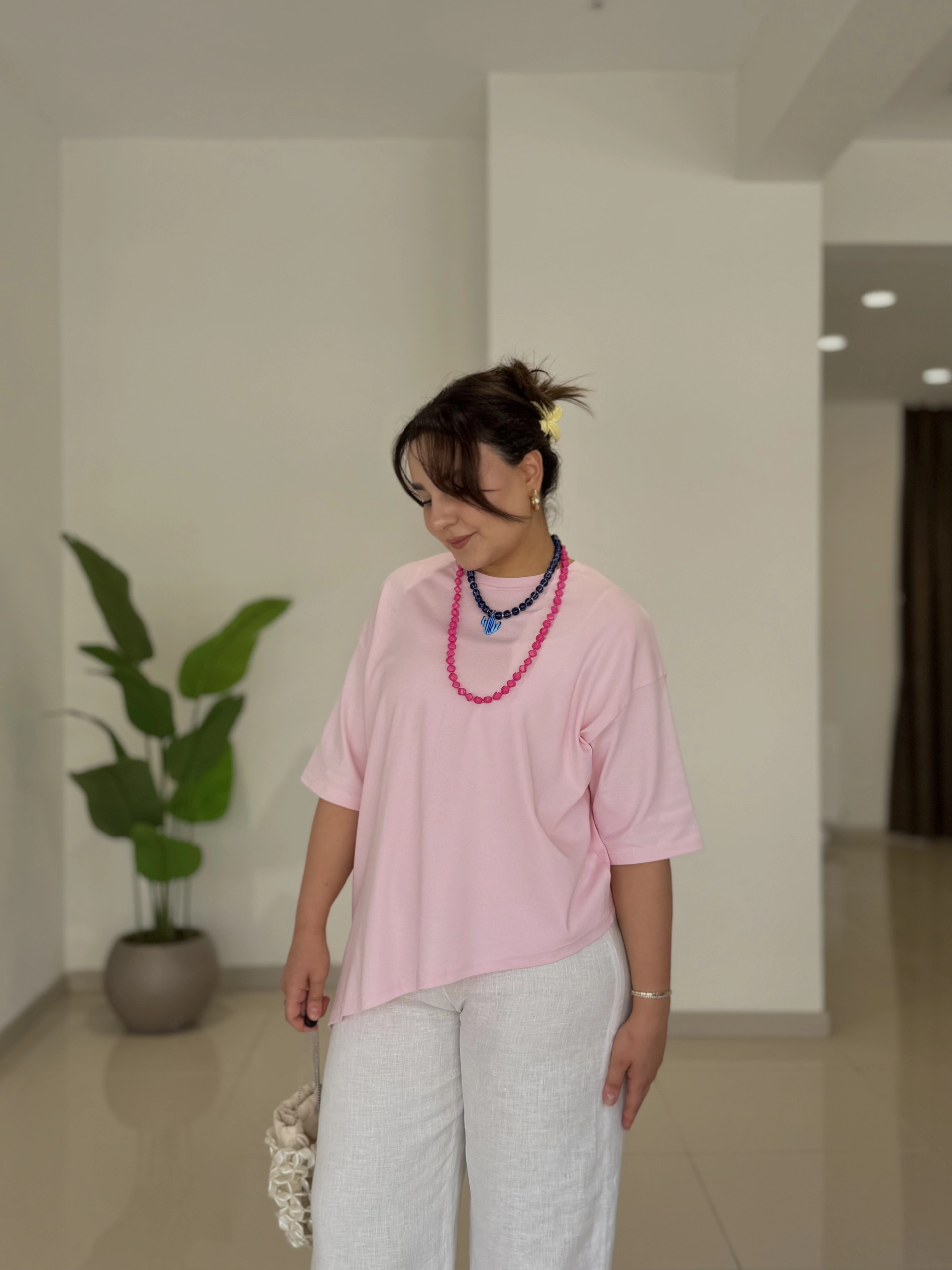 ASİMETRİK KESİM KISA KOLLU BLUZ - PEMBE