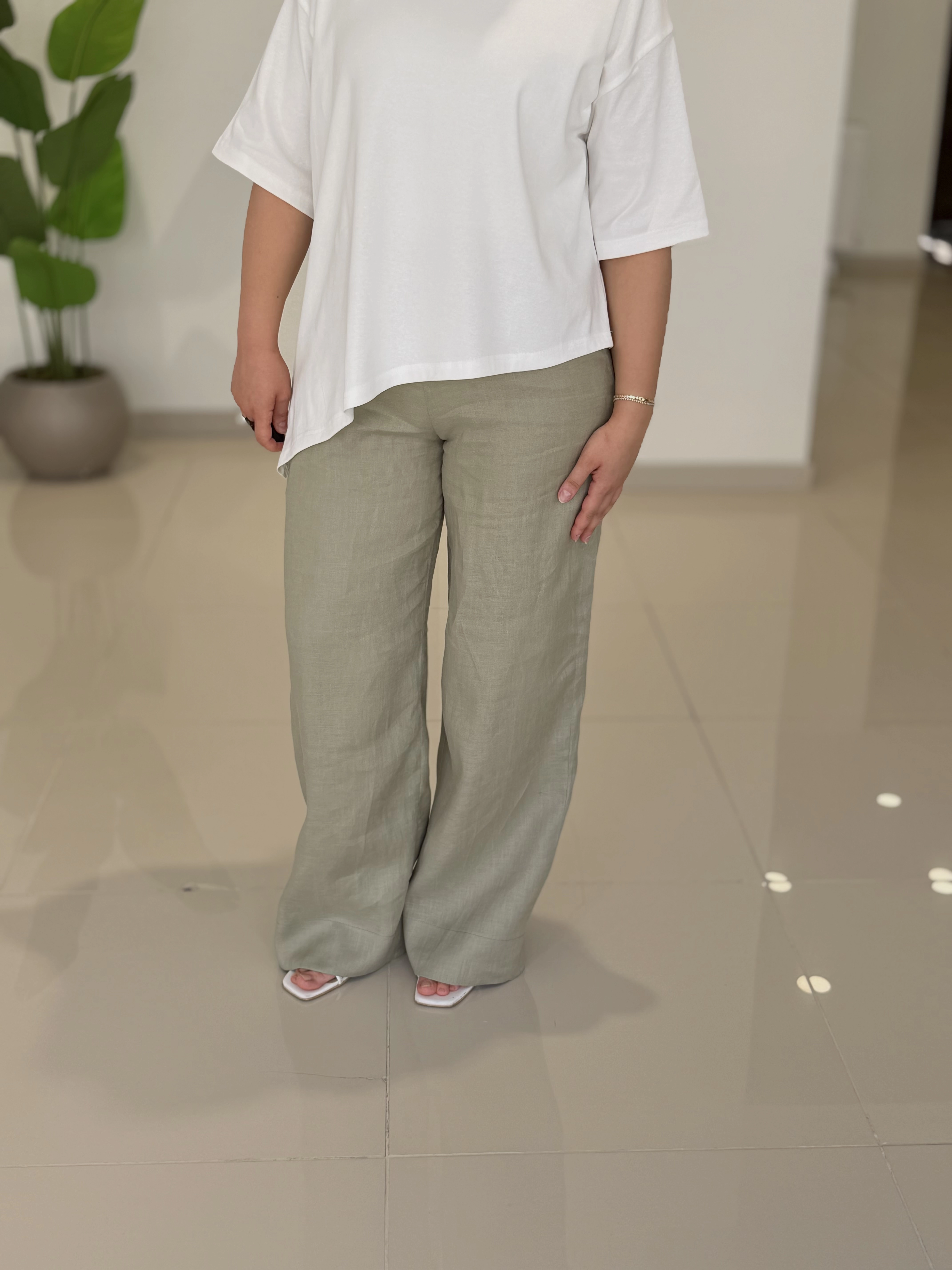 HAM KETEN BELİ LASTİKLİ BOL PANTOLON - ÇAĞLA YEŞİL
