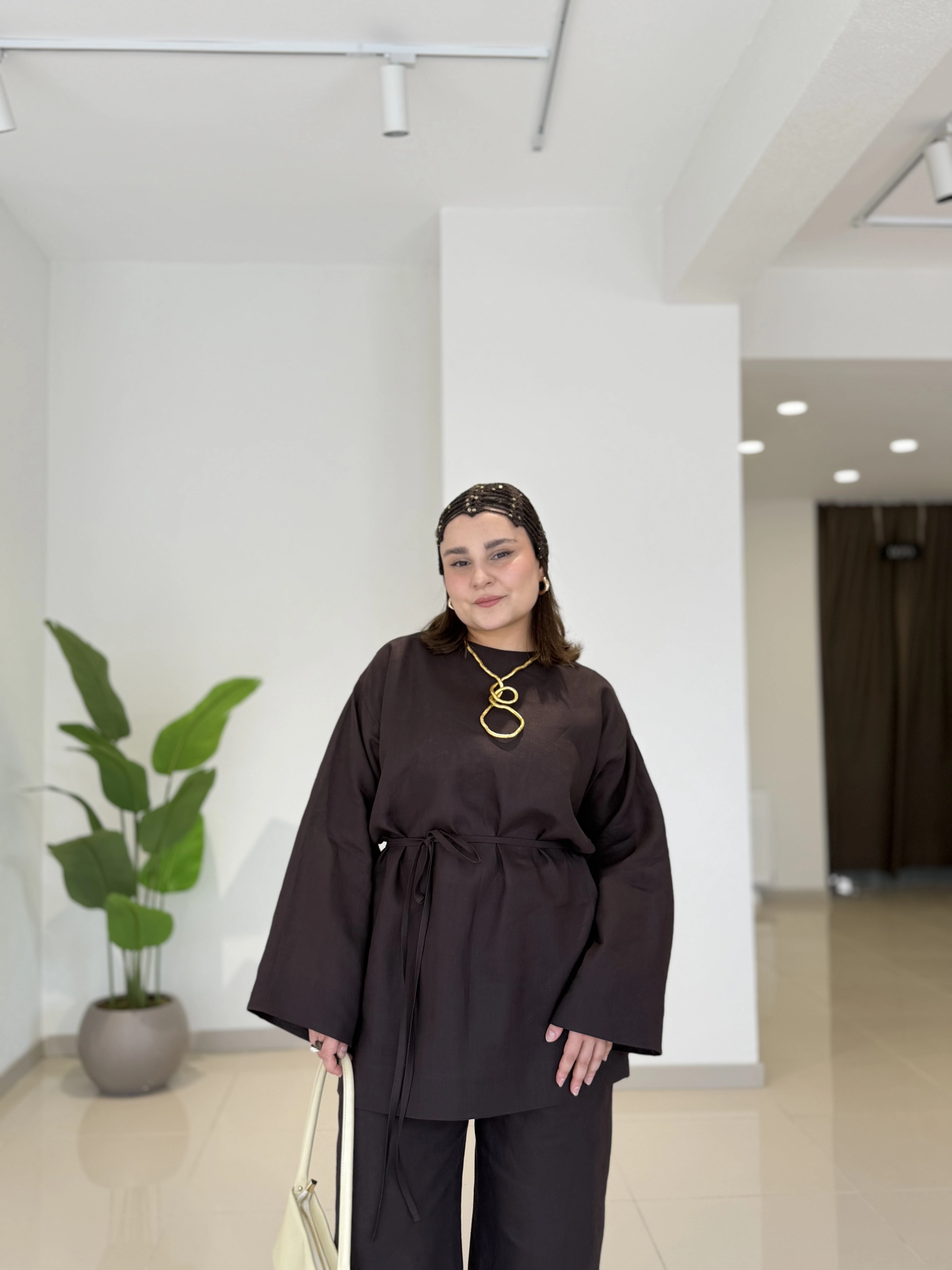 HAM KETEN KEMERLİ TUNİK PANTOLON TAKIM - ACI KAHVE