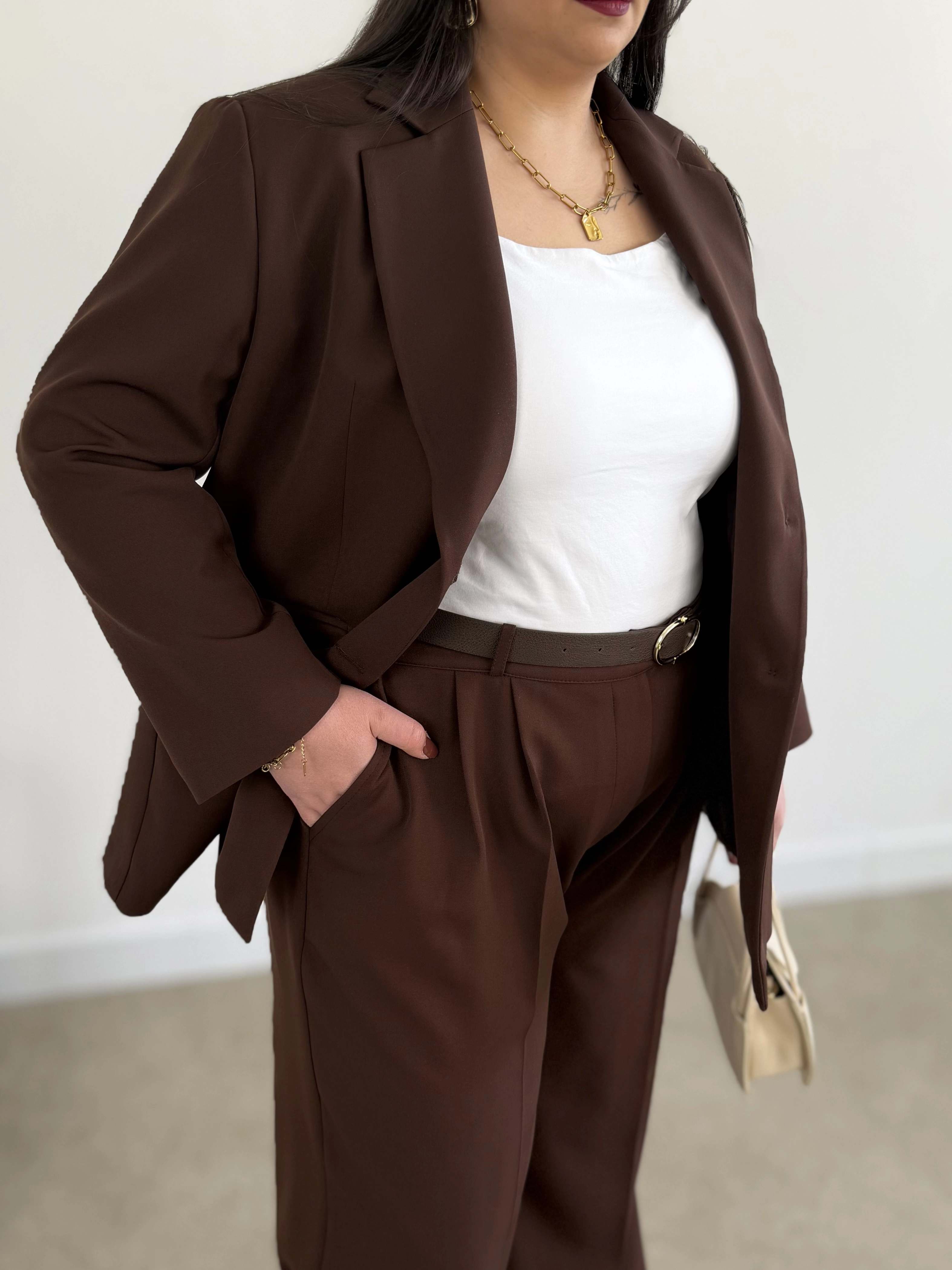 OVERSİZE ASTARLI BLAZER CEKET TAKIM - ACI KAHVE