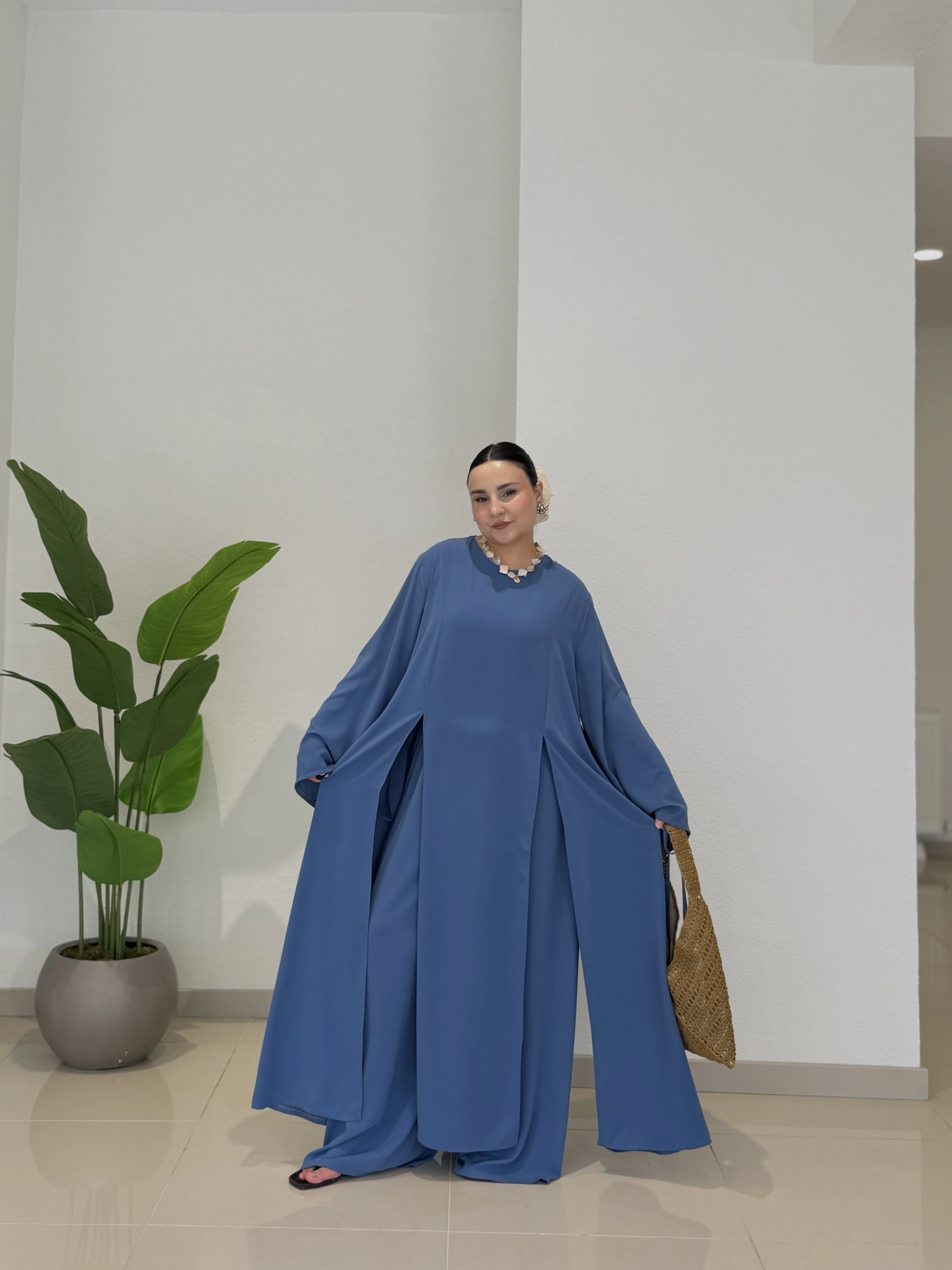 2’Lİ MEDİNE İPEĞİ UZUN YIRTMAÇLI TAKIM - PASTEL MAVİ