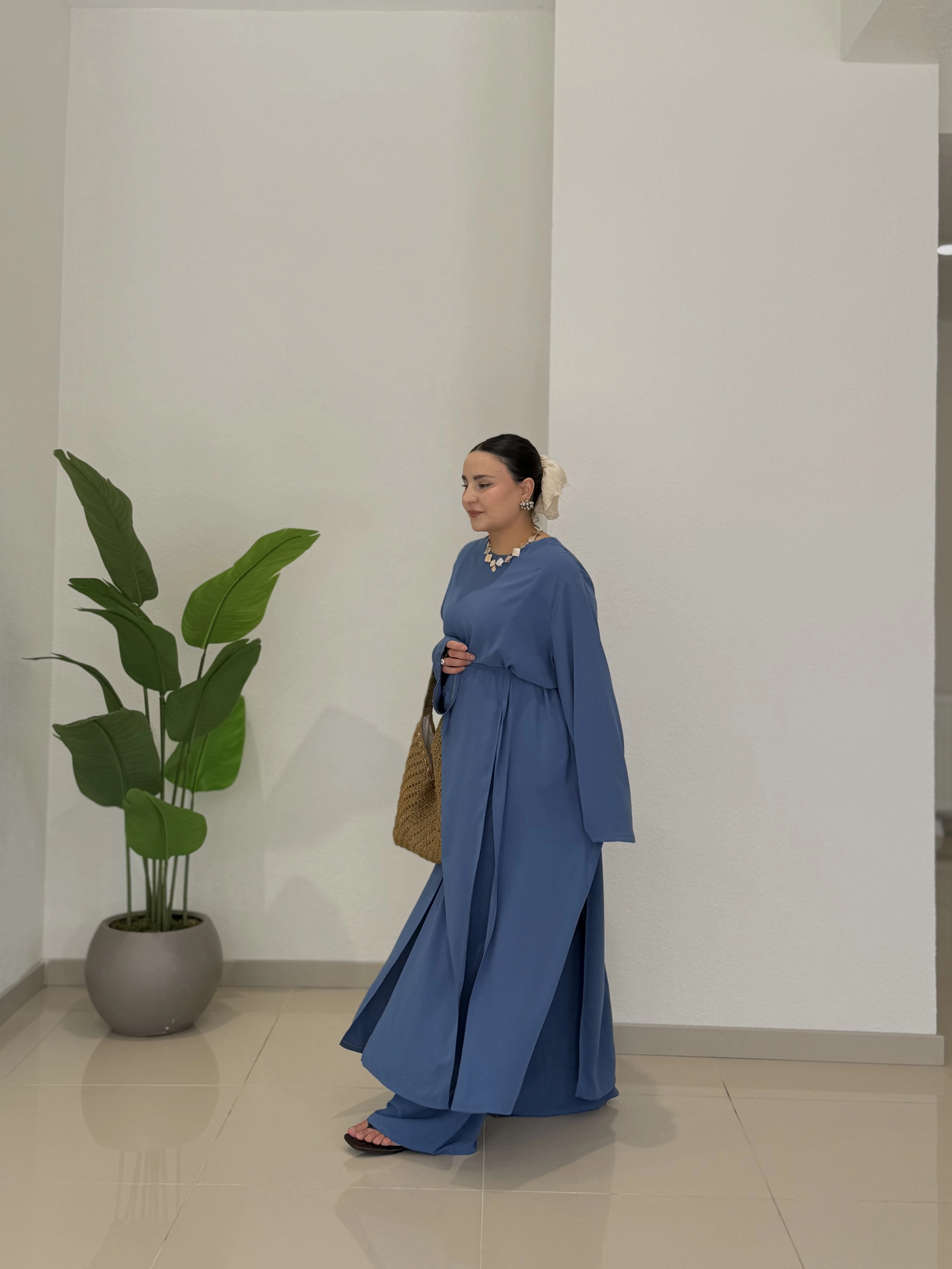 2’Lİ MEDİNE İPEĞİ UZUN YIRTMAÇLI TAKIM - PASTEL MAVİ