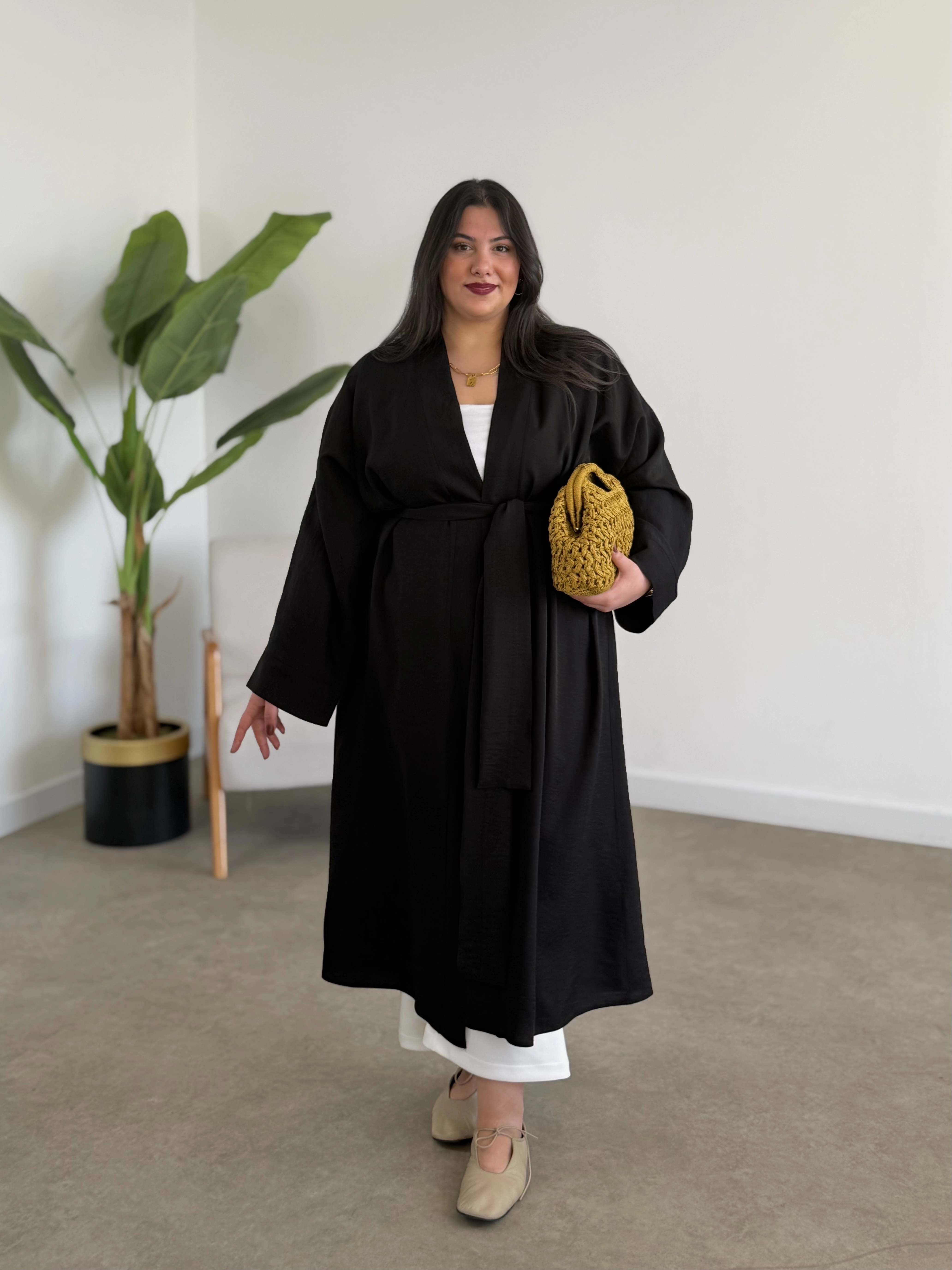 LOOV ÇİLEK KUMAŞ KUŞAKLI ABAYA KİMONO - SİYAH