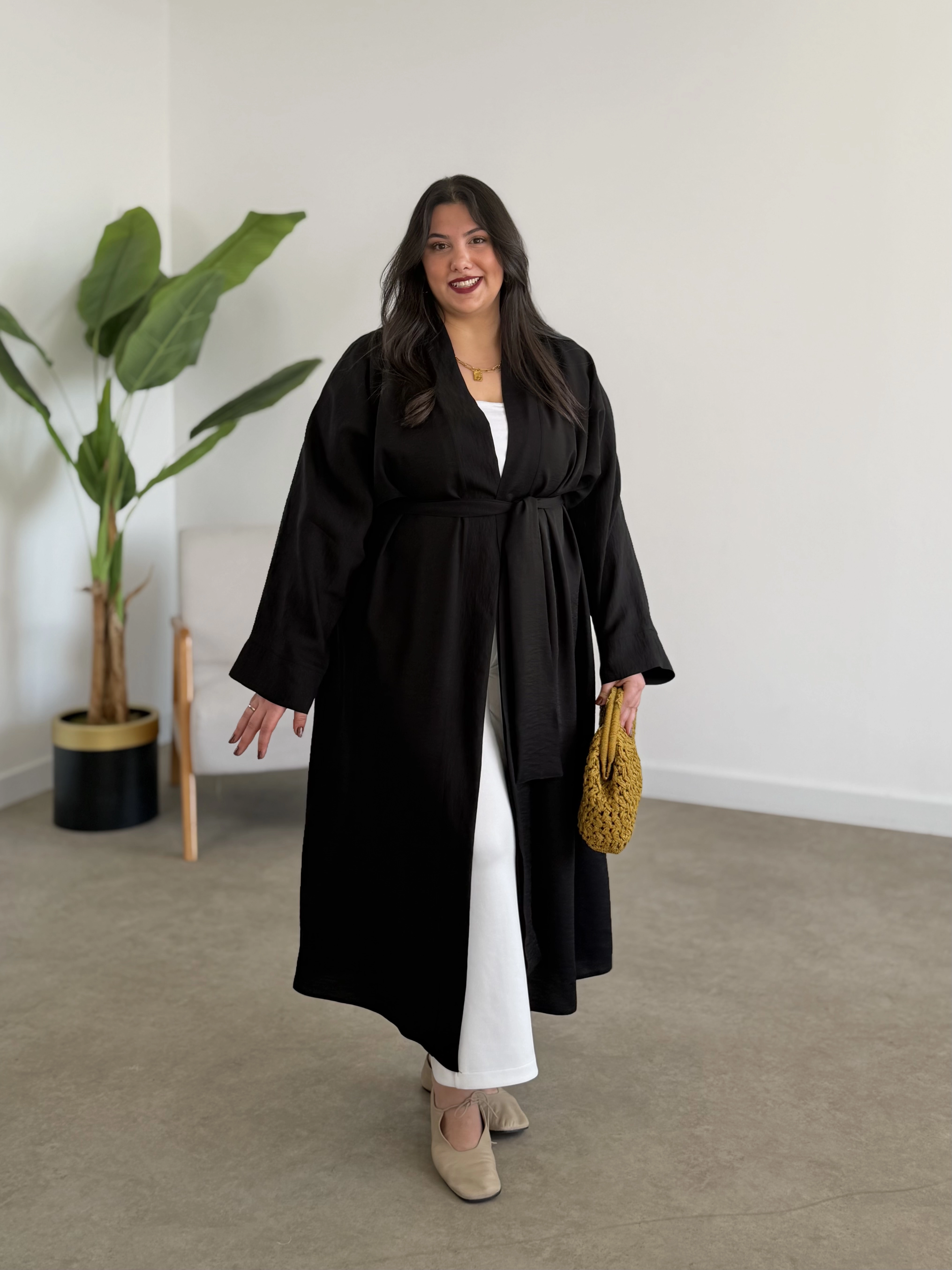 LOOV ÇİLEK KUMAŞ KUŞAKLI ABAYA KİMONO - SİYAH