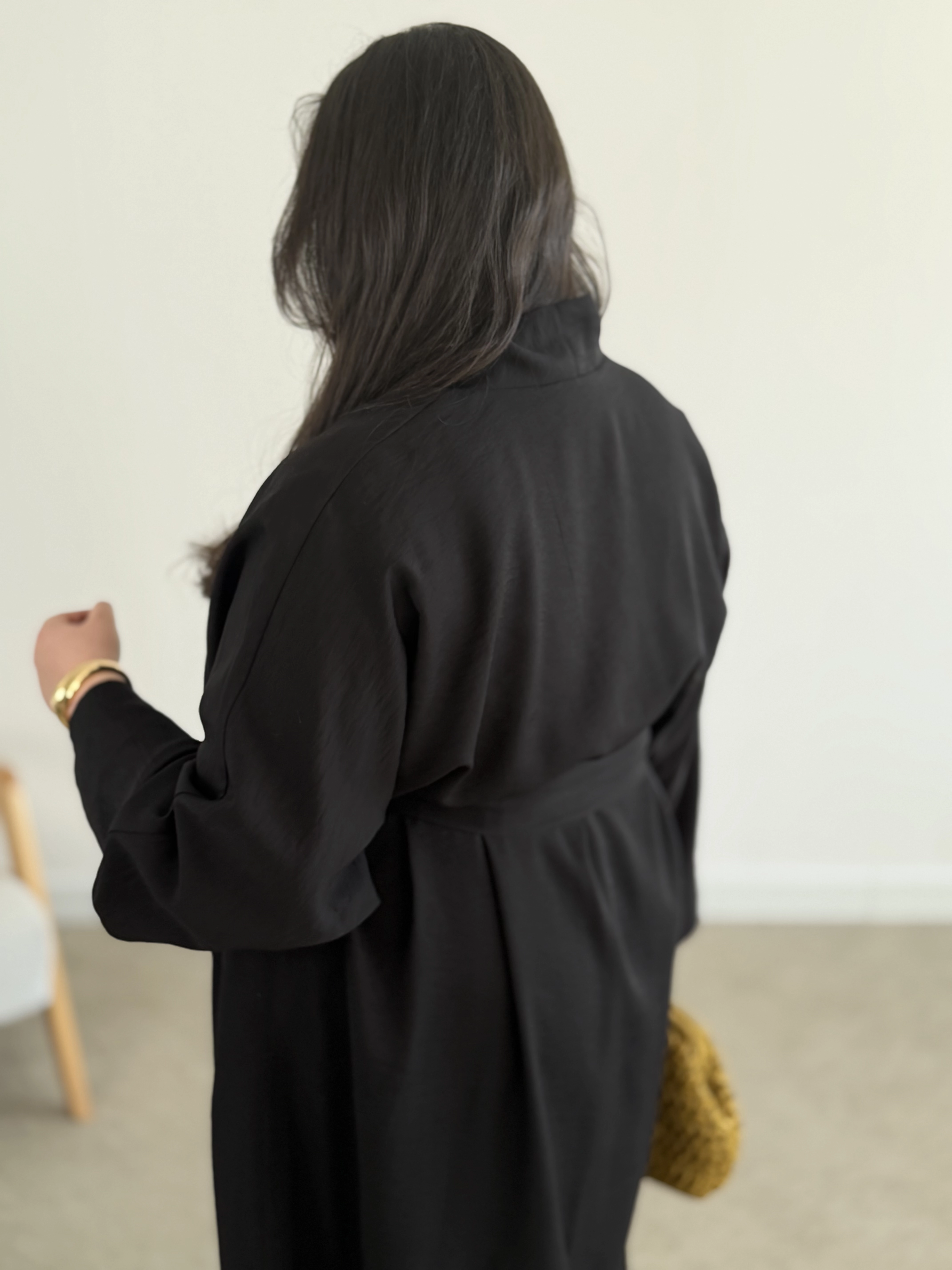 LOOV ÇİLEK KUMAŞ KUŞAKLI ABAYA KİMONO - SİYAH