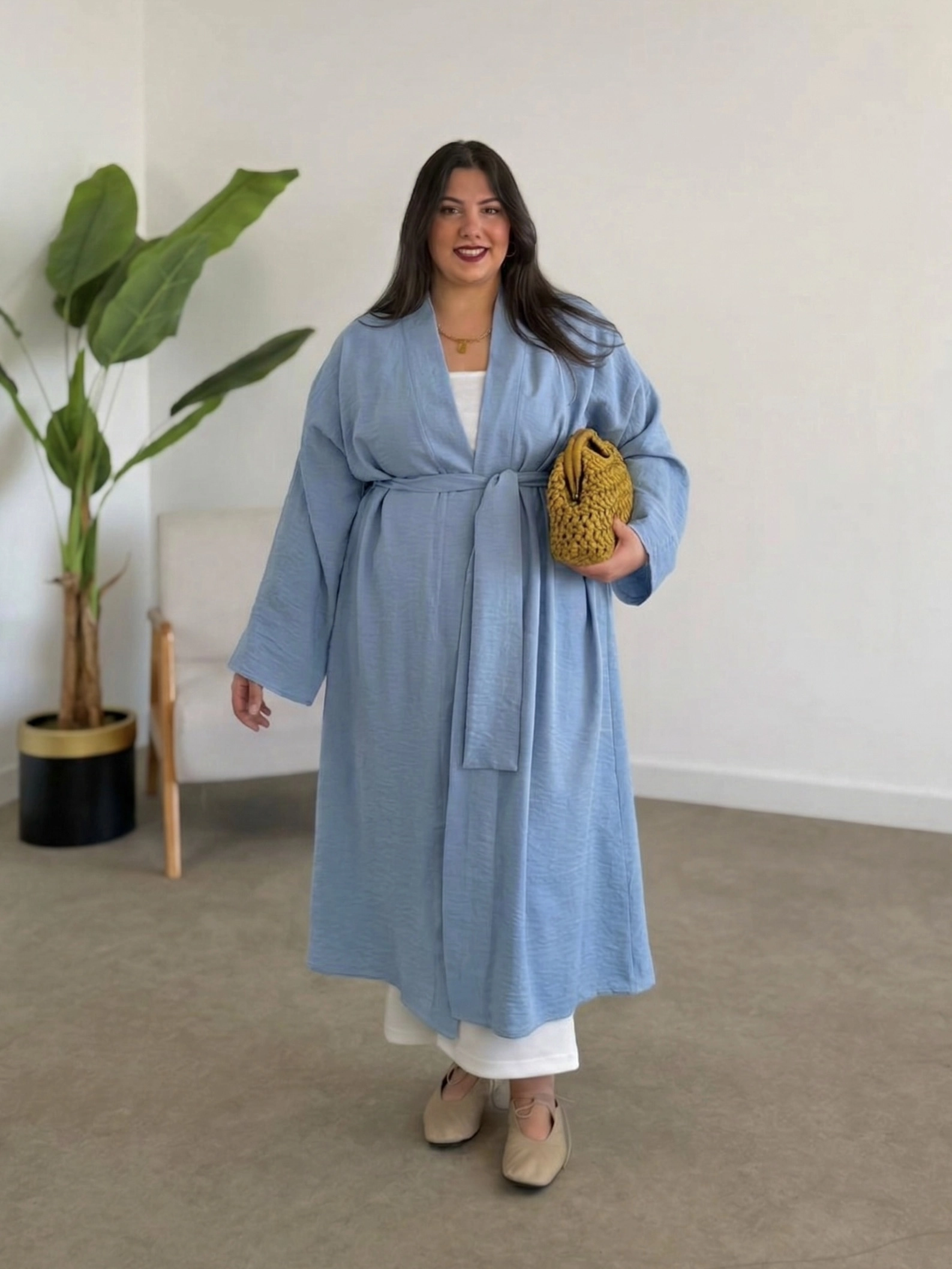 LOOV ÇİLEK KUMAŞ KUŞAKLI ABAYA KİMONO - PASTEL MAVİ