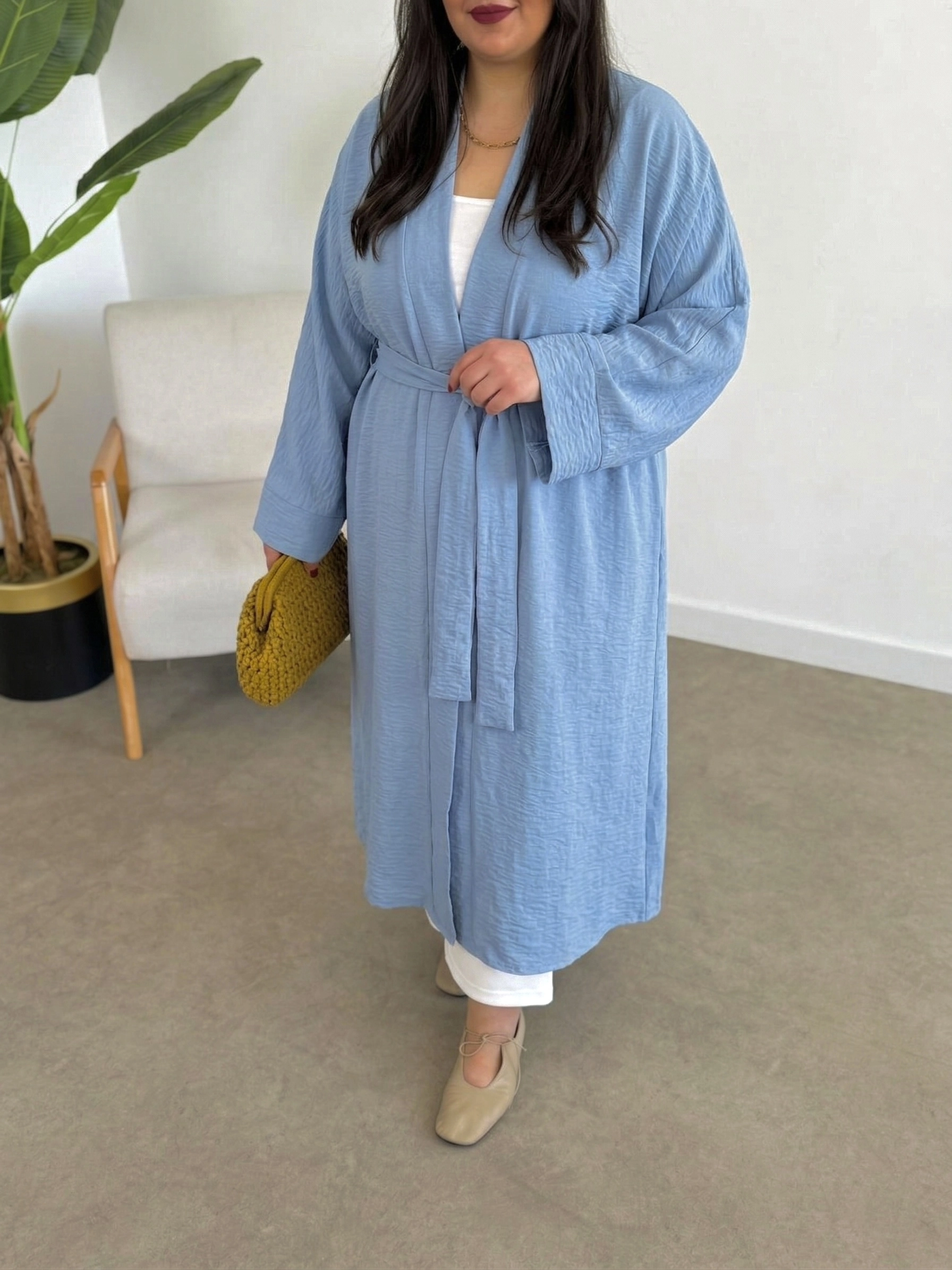 LOOV ÇİLEK KUMAŞ KUŞAKLI ABAYA KİMONO - PASTEL MAVİ