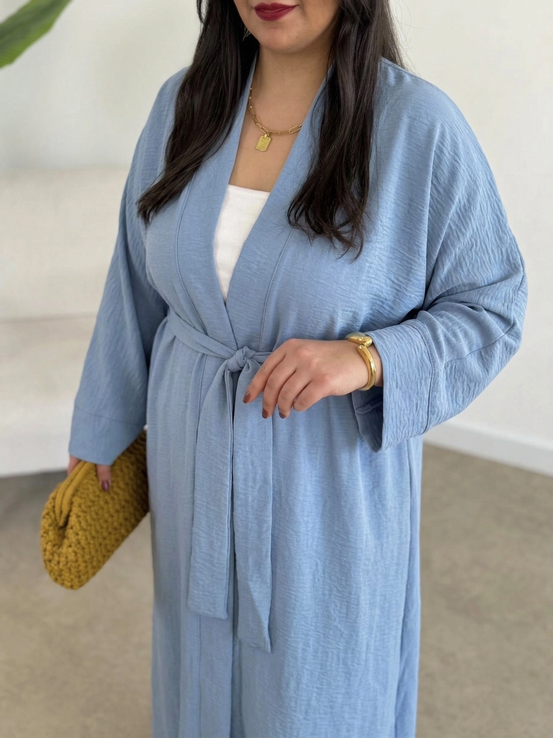 LOOV ÇİLEK KUMAŞ KUŞAKLI ABAYA KİMONO - PASTEL MAVİ