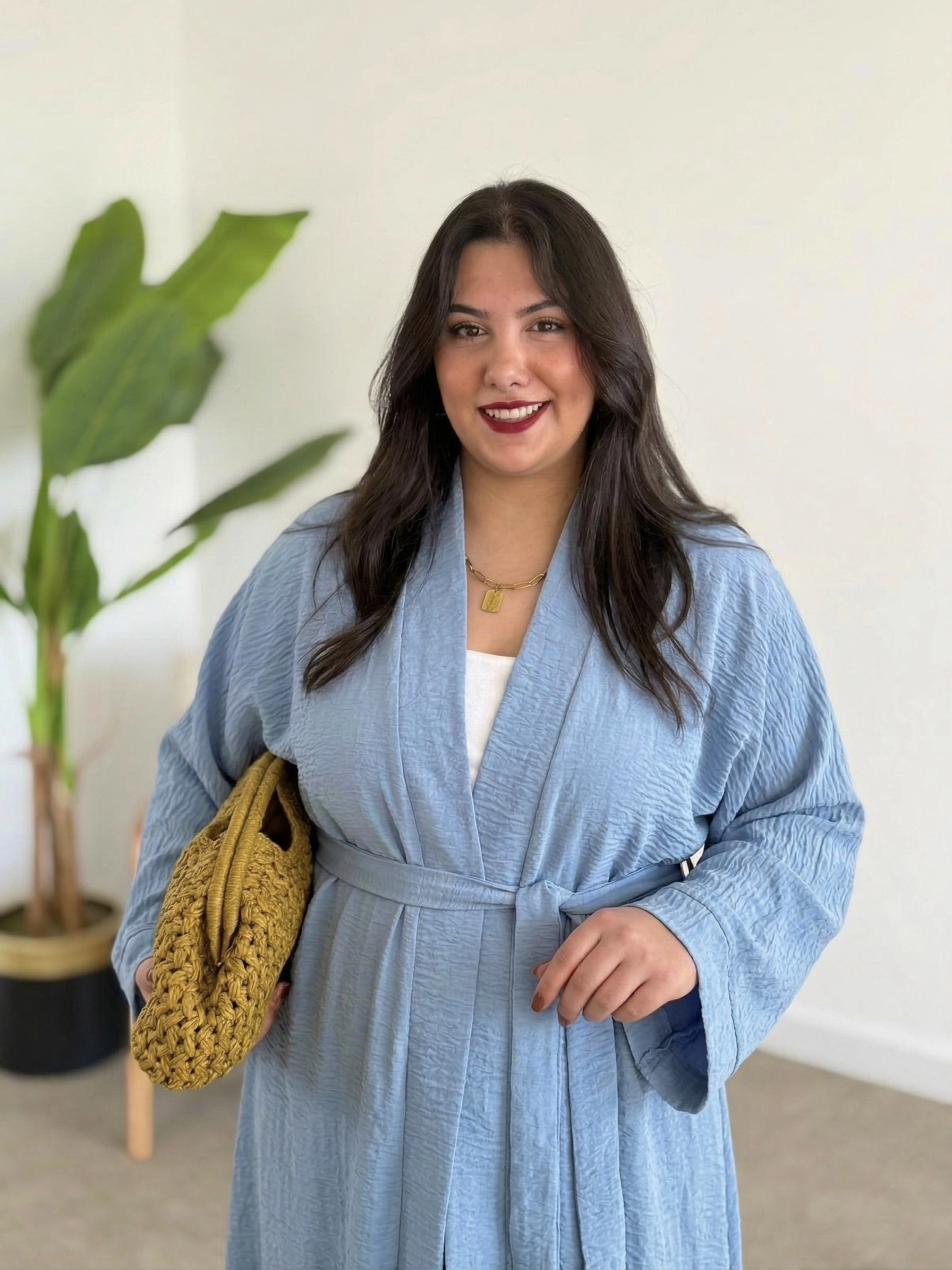 LOOV ÇİLEK KUMAŞ KUŞAKLI ABAYA KİMONO - PASTEL MAVİ