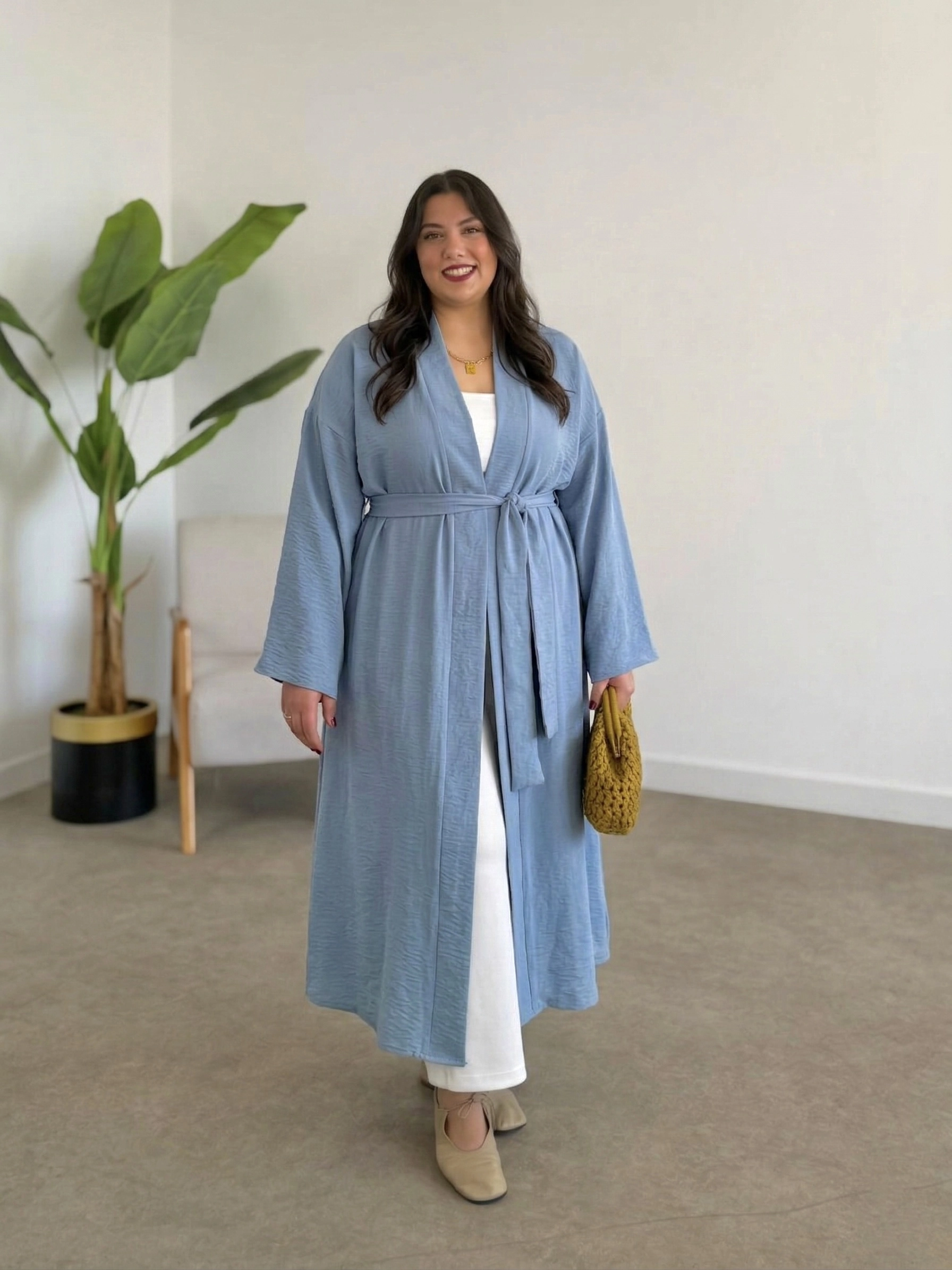 LOOV ÇİLEK KUMAŞ KUŞAKLI ABAYA KİMONO - PASTEL MAVİ