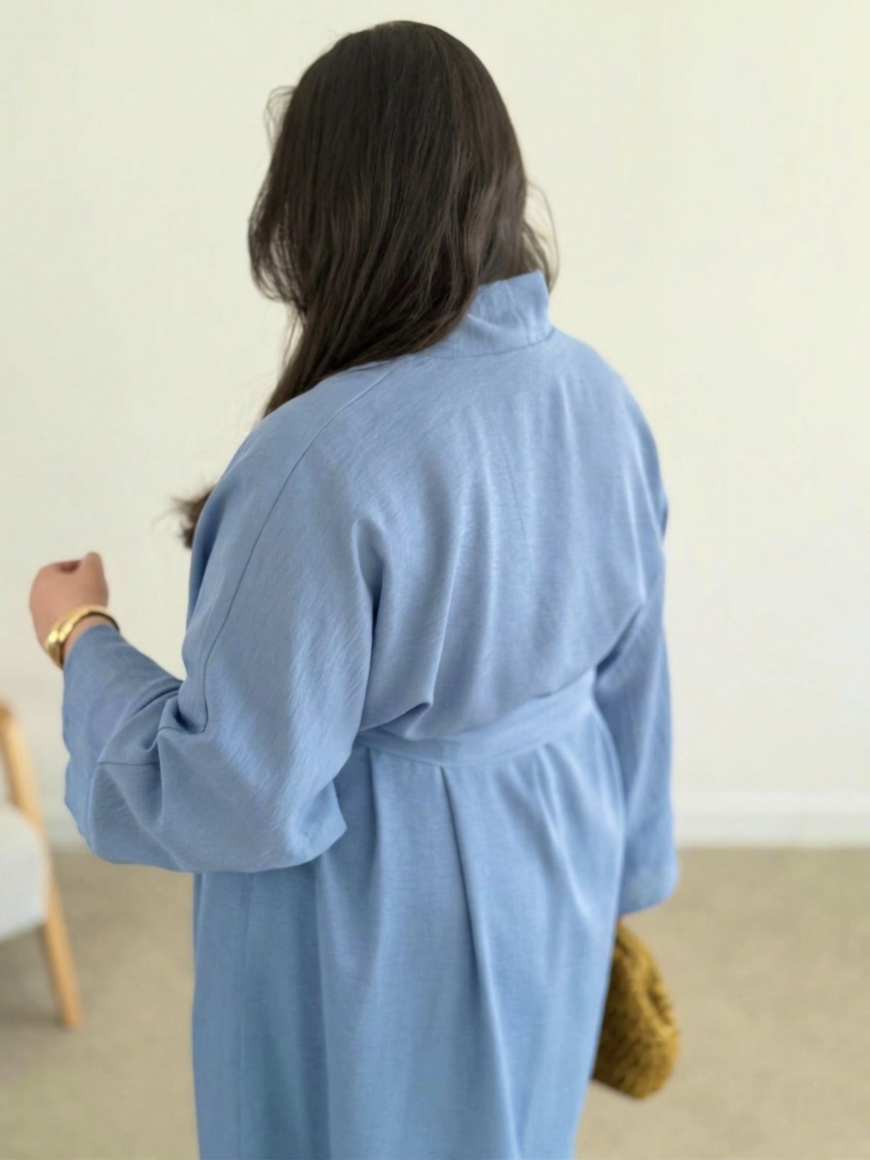 LOOV ÇİLEK KUMAŞ KUŞAKLI ABAYA KİMONO - PASTEL MAVİ