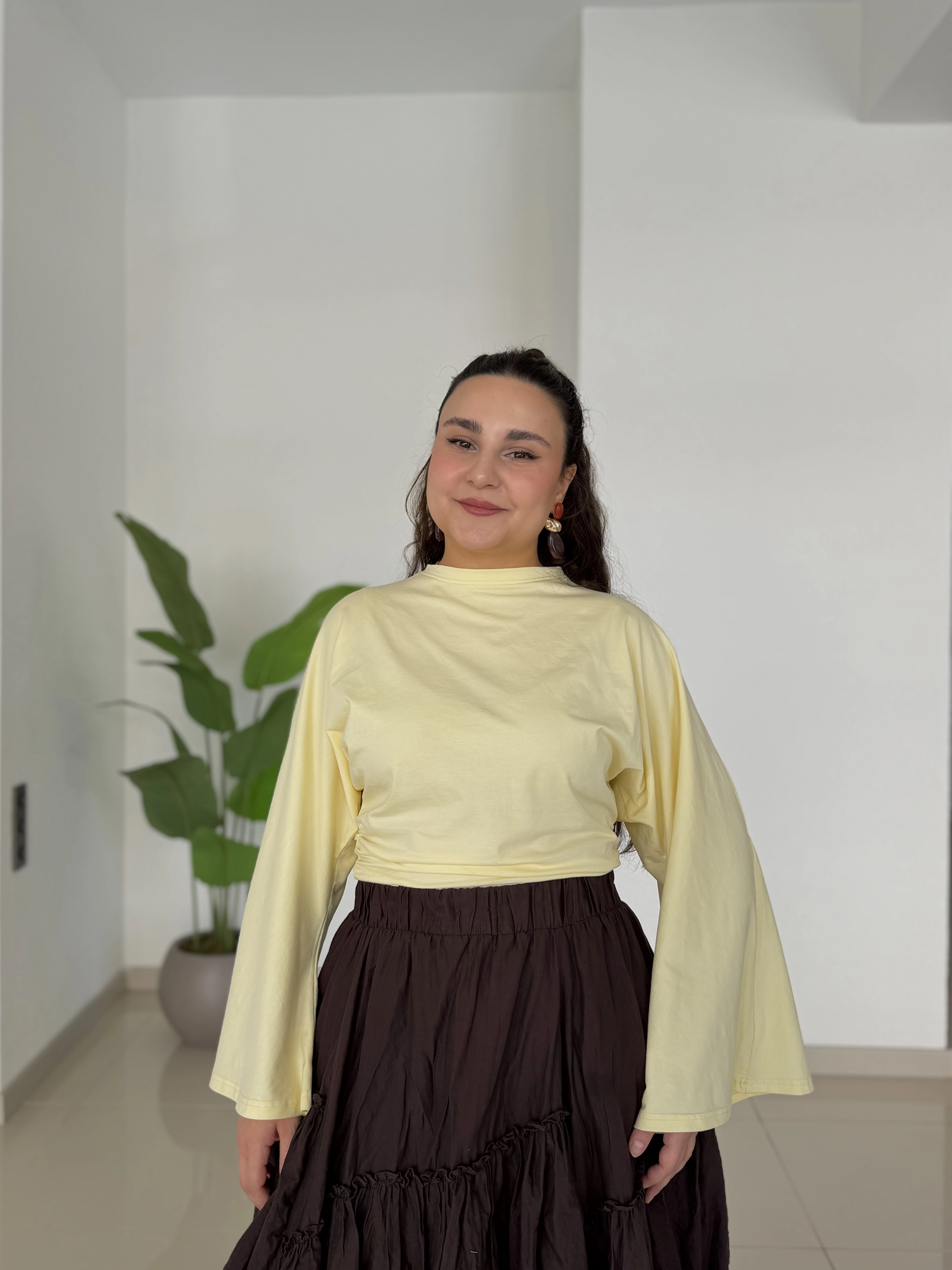 DRAPELİ YARASA KOLLU PAMUKLU BLUZ - SARI