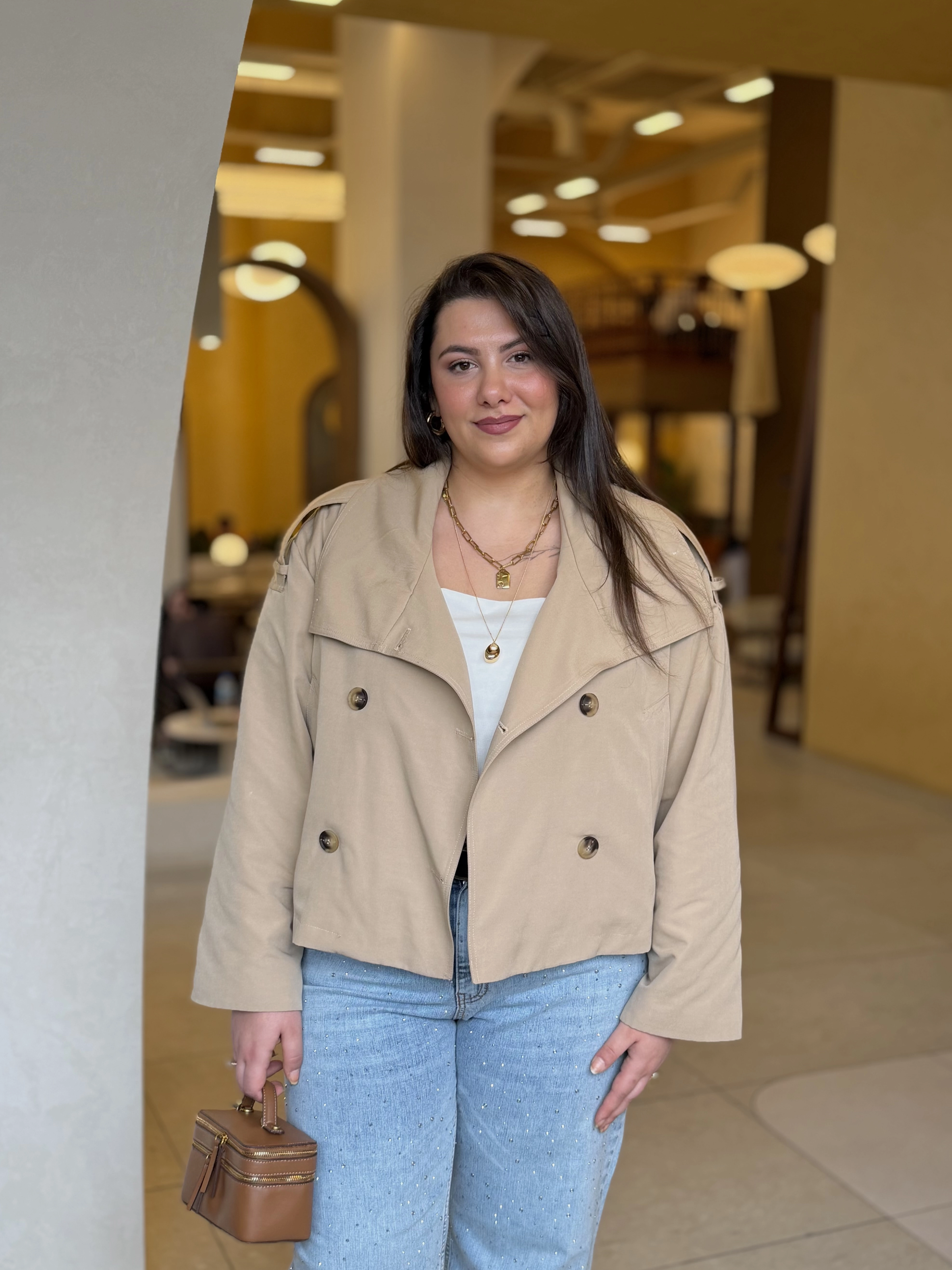 HUNİ YAKA CROP TRENÇKOT - BEJ