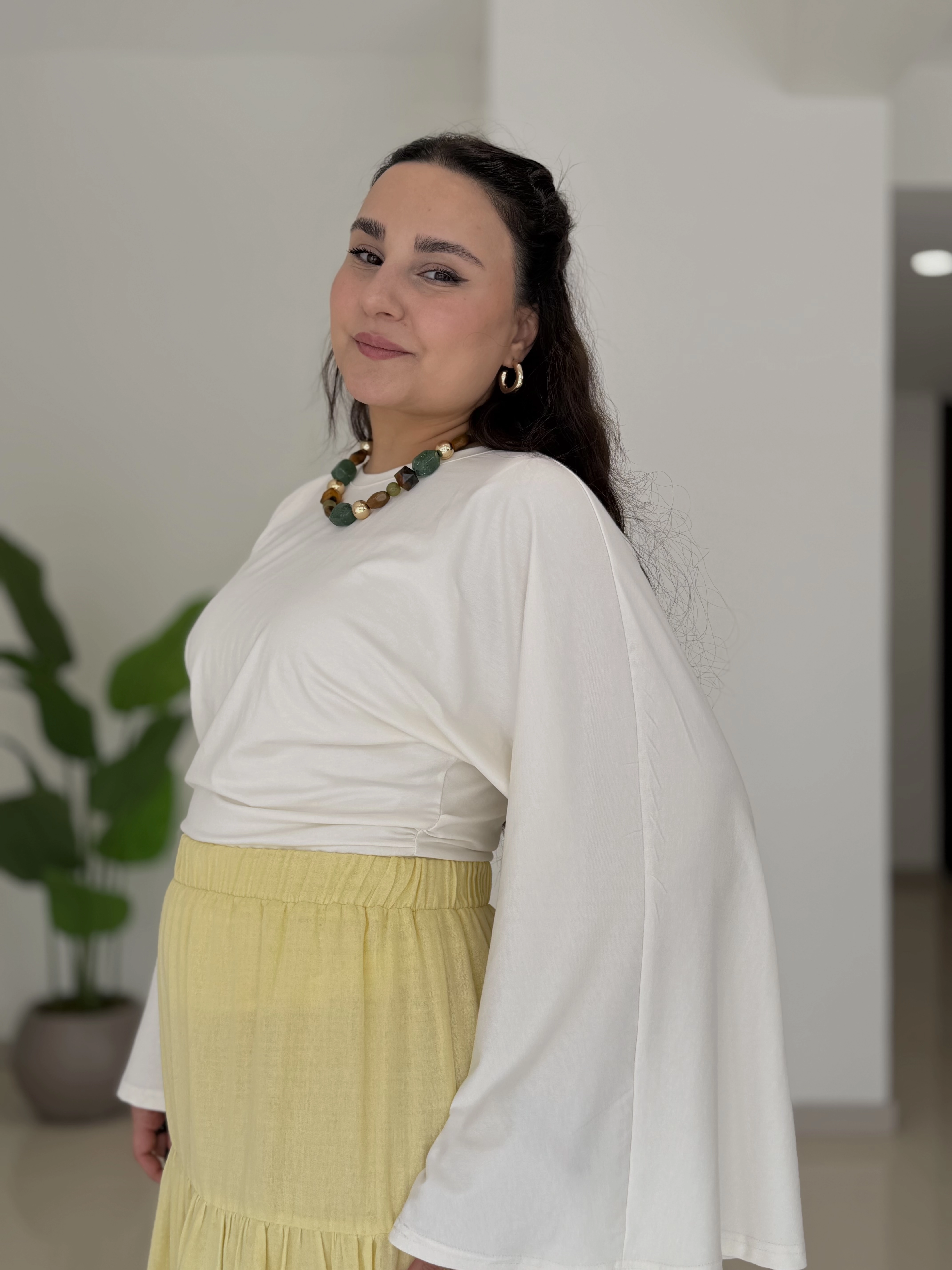 DRAPELİ YARASA KOLLU PAMUKLU BLUZ - BEYAZ