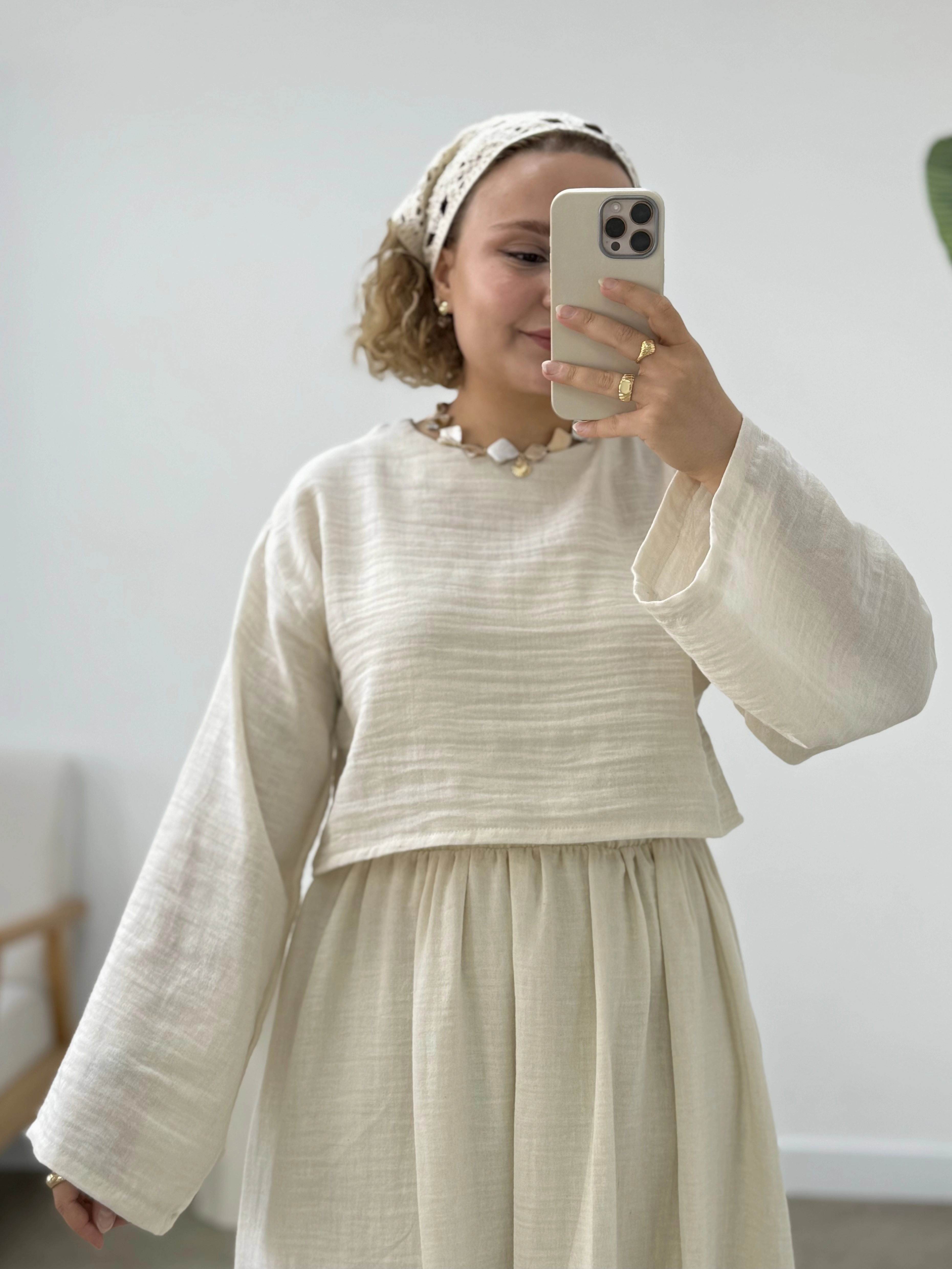 KETEN CROP BLUZ ÜST - EKRU 