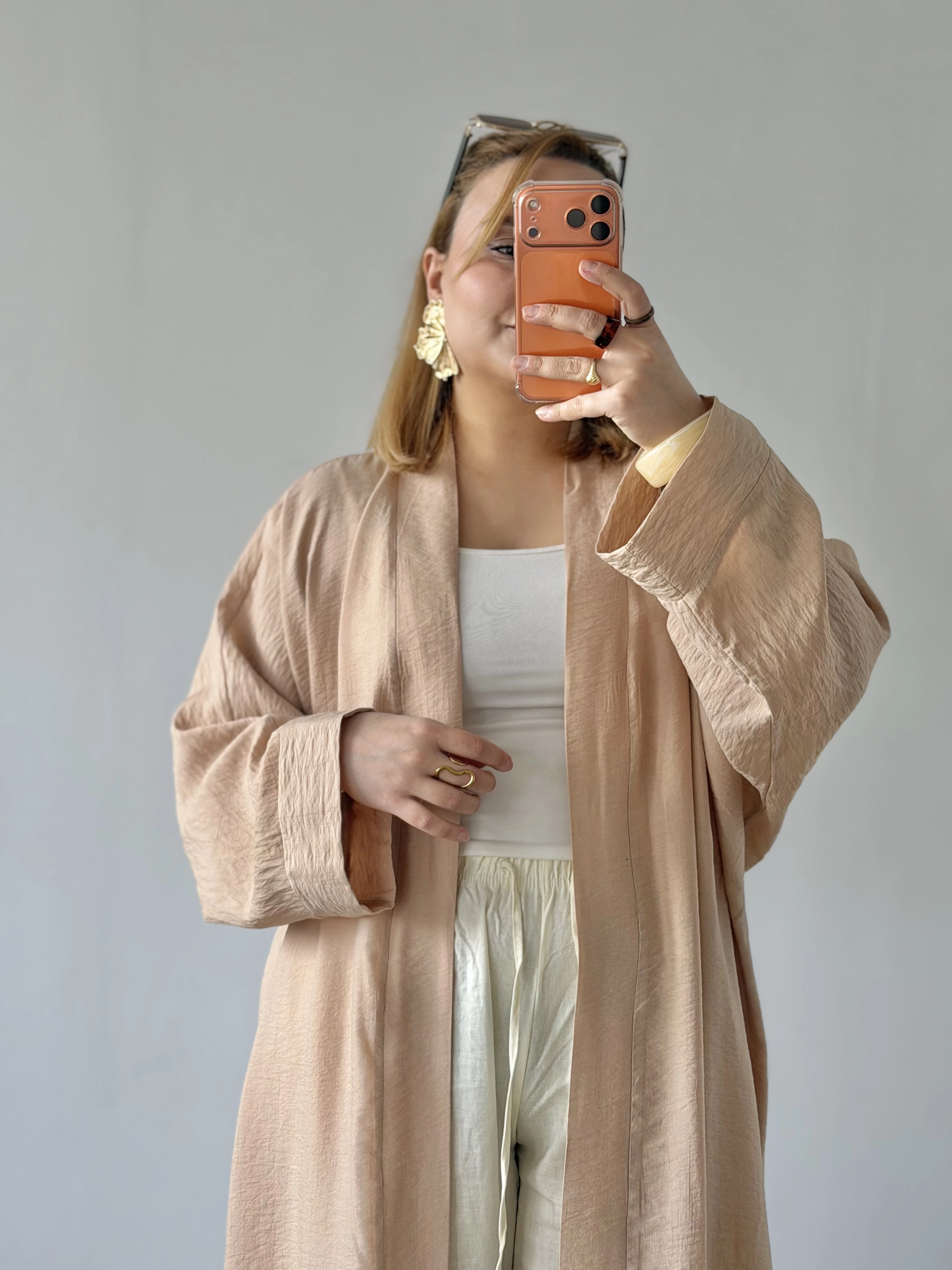 LOOV ÇİLEK KUMAŞ KUŞAKLI ABAYA KİMONO - BEJ