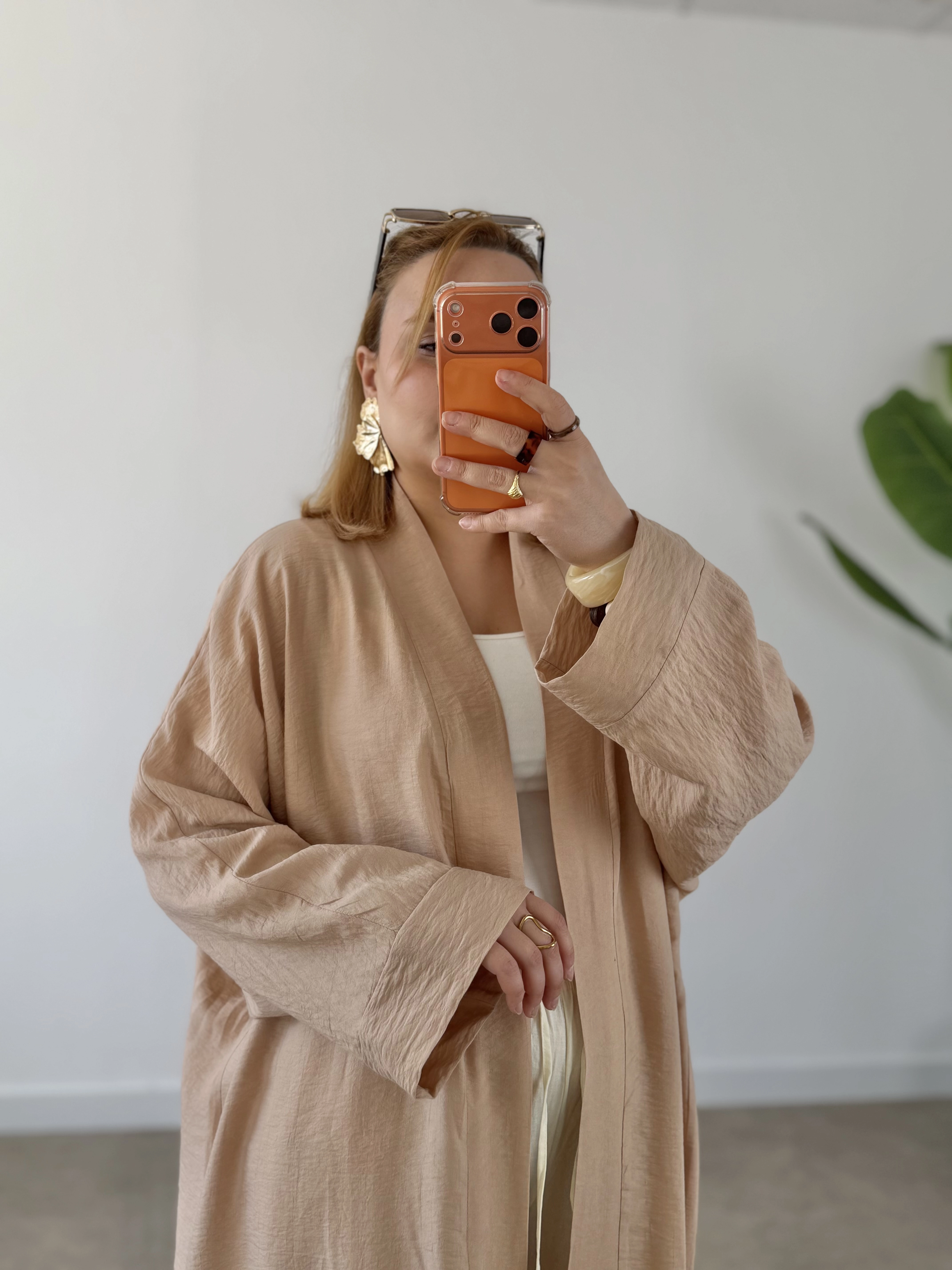 LOOV ÇİLEK KUMAŞ KUŞAKLI ABAYA KİMONO - BEJ