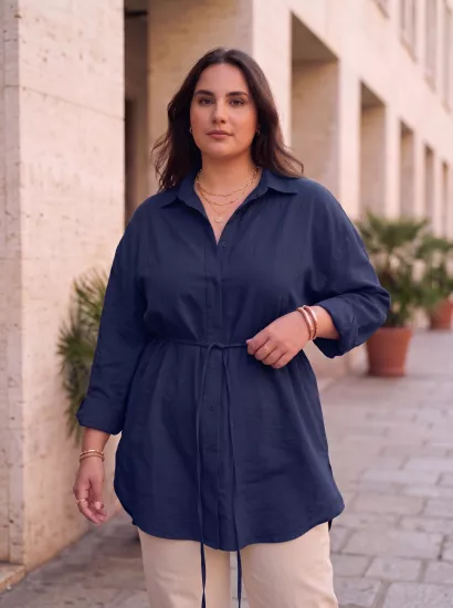İNCE GABARDİN KETEN KEMERLİ GÖMLEK-LACİVERT