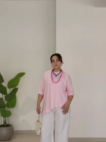 ASİMETRİK KESİM KISA KOLLU BLUZ - PEMBE