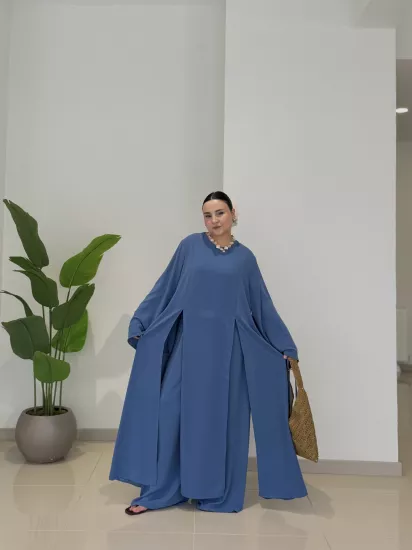 2’Lİ MEDİNE İPEĞİ UZUN YIRTMAÇLI TAKIM - PASTEL MAVİ