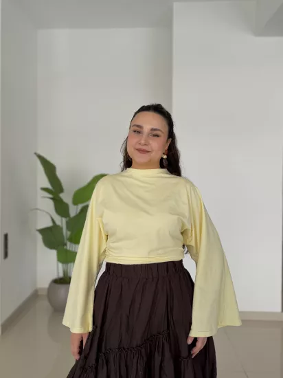 DRAPELİ YARASA KOLLU PAMUKLU BLUZ - SARI
