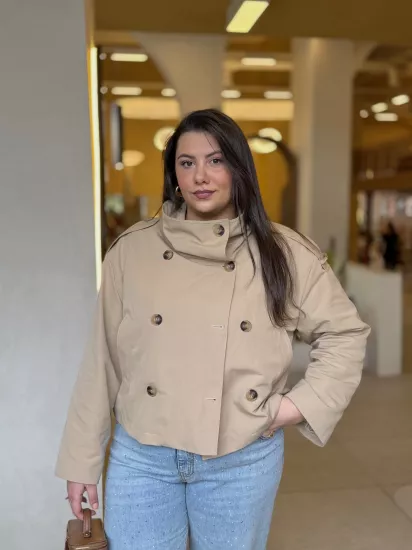 HUNİ YAKA CROP TRENÇKOT - BEJ
