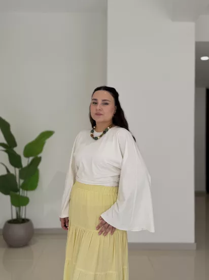 DRAPELİ YARASA KOLLU PAMUKLU BLUZ - BEYAZ