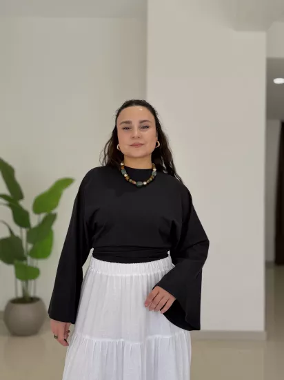 DRAPELİ YARASA KOLLU PAMUKLU BLUZ - SİYAH